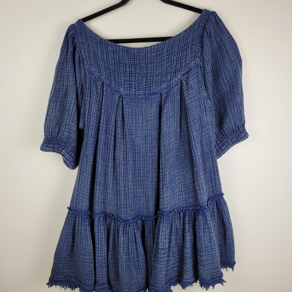 Free People Dress Size S Blue Cotton Gauze Tiered Puff Sleeve Lagen  Boho - Picture 4 of 11